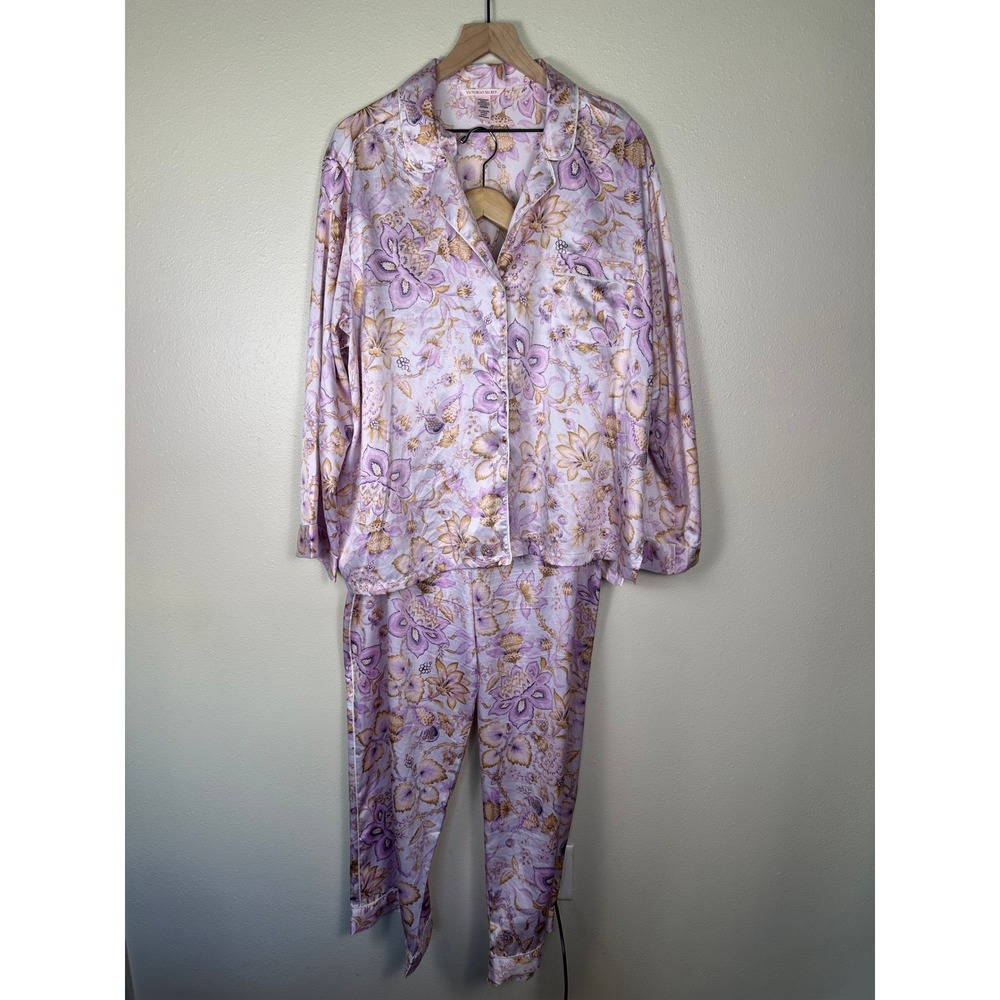 VICTORIA'S SECRET Coquette Satin Pajama Set XXL Lavender Floral Button Down